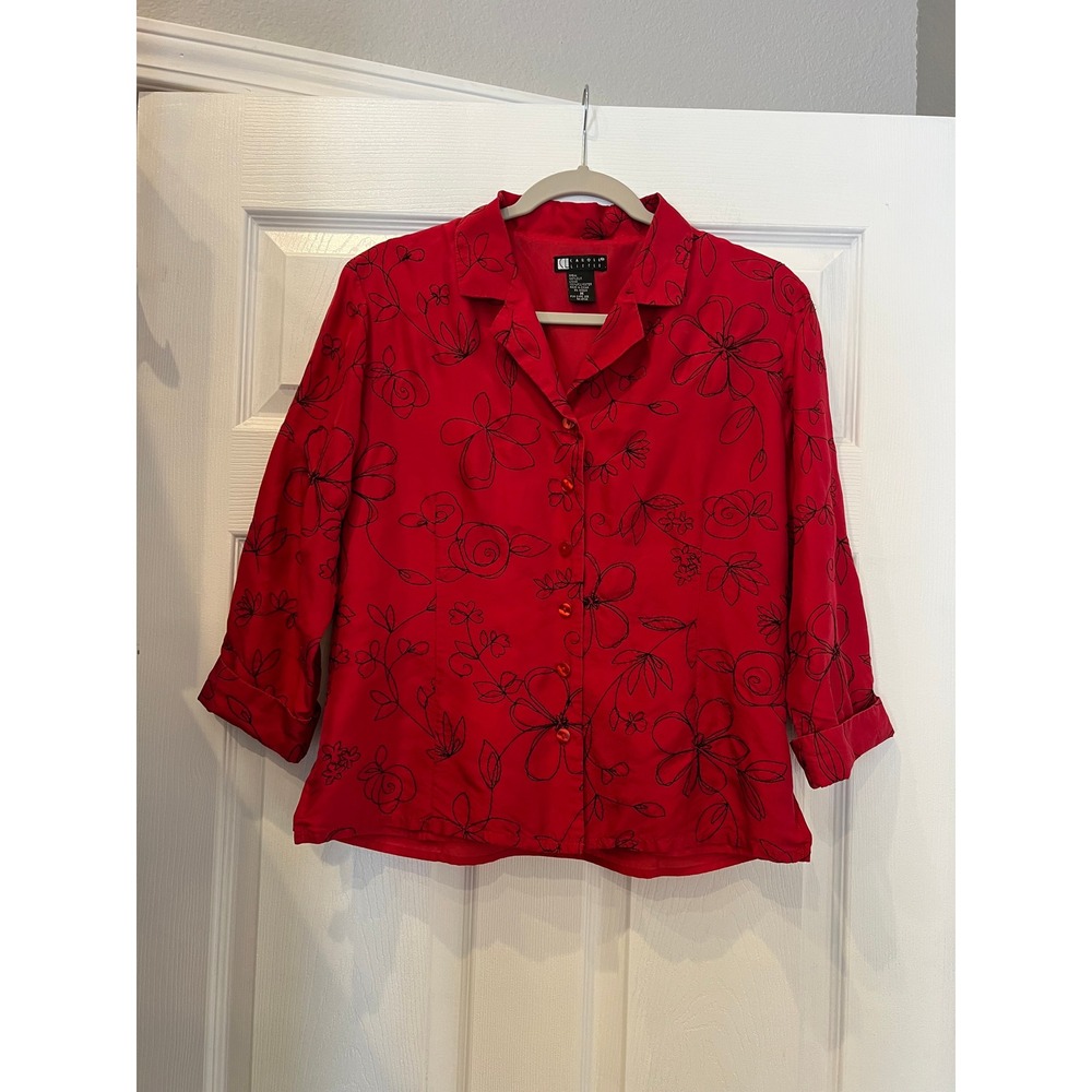 Carole Little Blouse Silk Embroidered Red Black Floral 3/4 Sleeve Vintage M Y2K